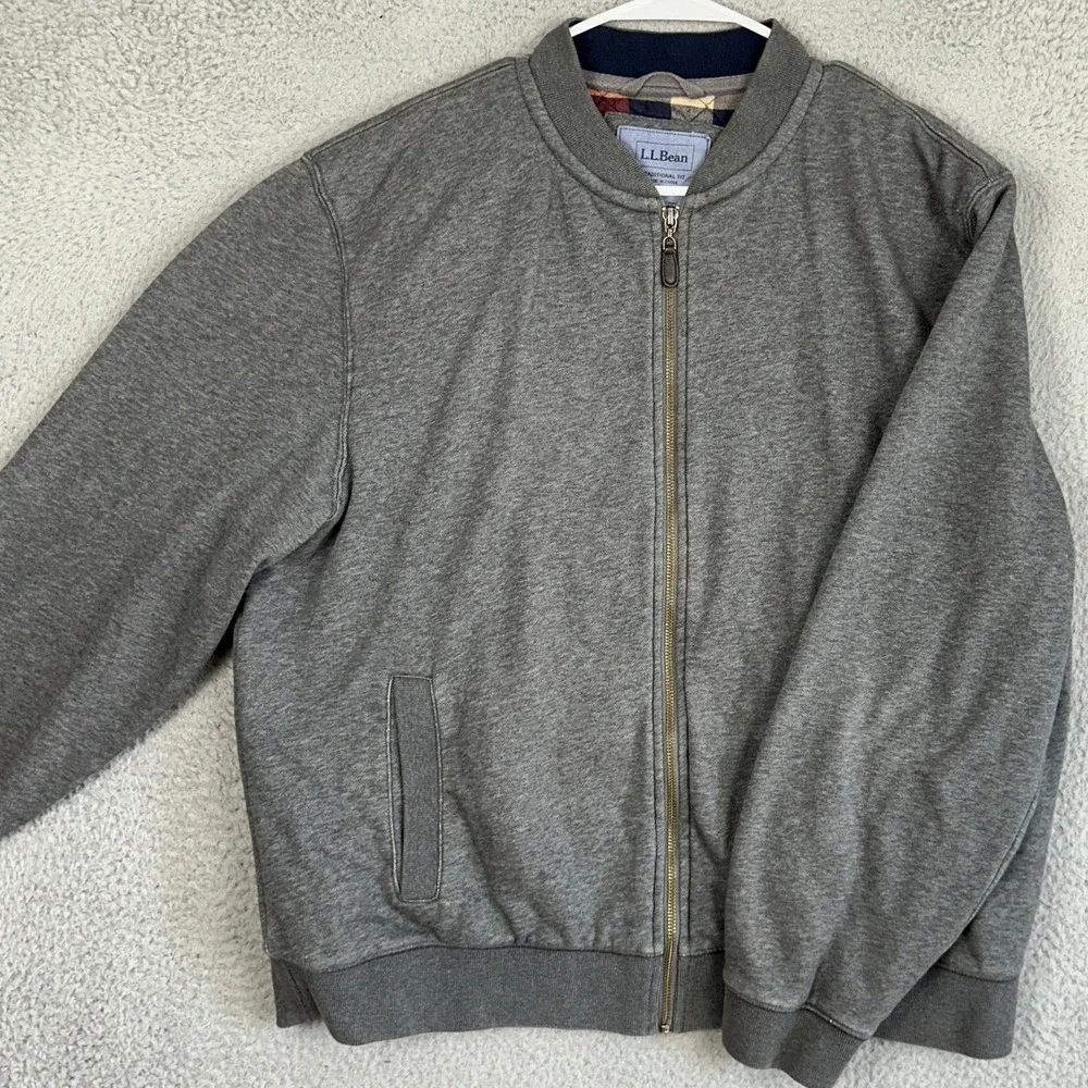 L.L. Bean Jacket Mens Large Grey Flannel Lined Bomber Traditional Fit Full Zip